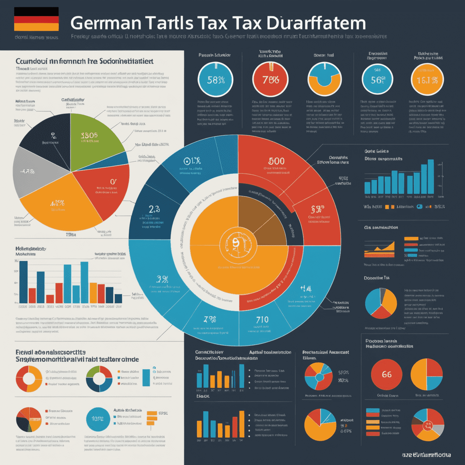 Infografik zum deutschen Steuersystem mit Diagrammen zu Einkommensteuer, Mehrwertsteuer und Sozialversicherungsbeiträgen