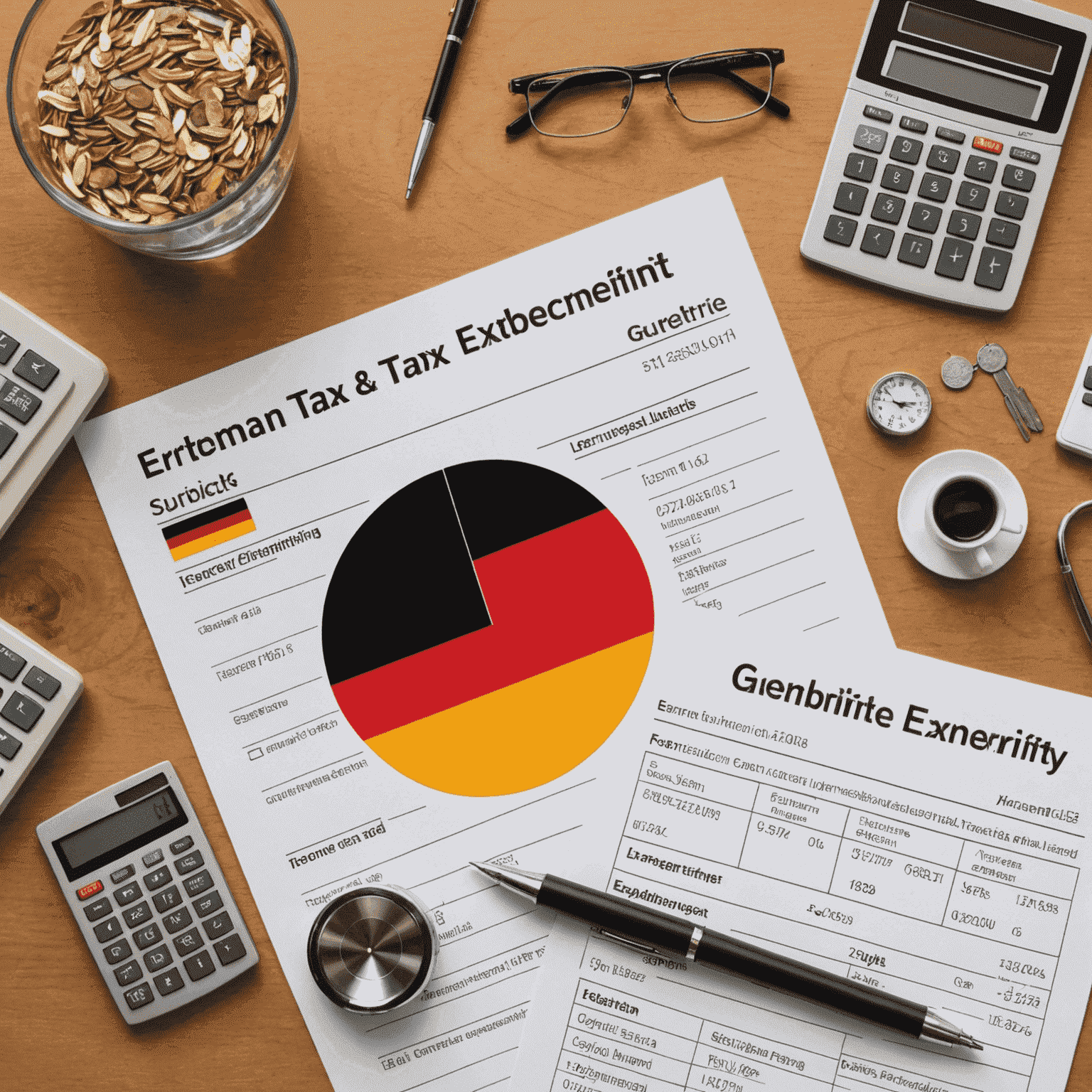 Grafische Darstellung des deutschen Steuersystems mit Symbolen für Einkommensteuer, Mehrwertsteuer und Sozialversicherungsbeiträge