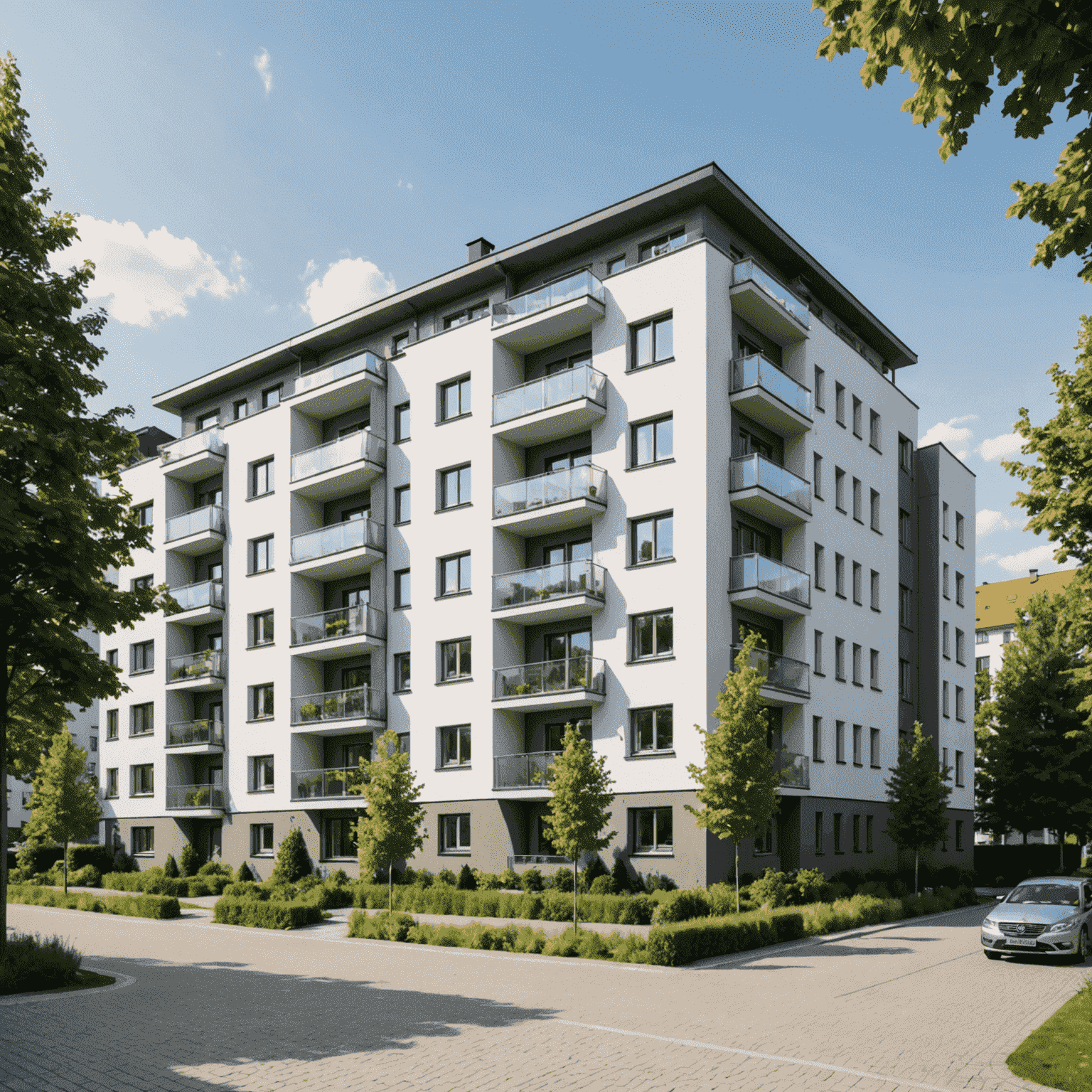 Eine moderne Wohnsiedlung in Deutschland mit gepflegten Mehrfamilienhäusern und grünen Außenanlagen, die das Potenzial des deutschen Immobilienmarktes zeigt