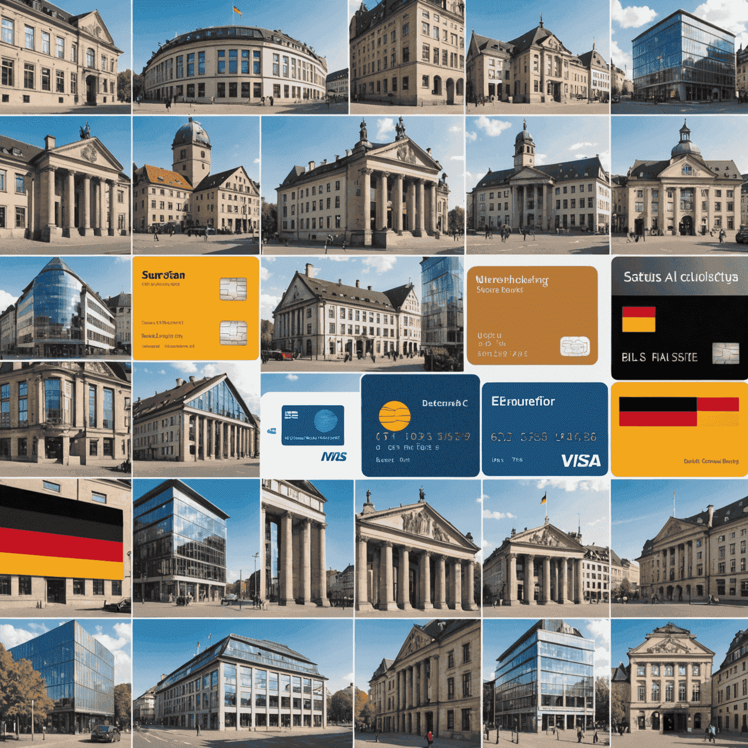 Eine Collage, die verschiedene Aspekte des deutschen Bankensystems zeigt: Bankgebäude, Online-Banking-Interfaces und verschiedene Kontokarten