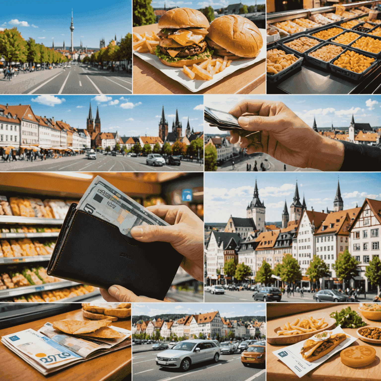 Eine Collage, die verschiedene Aspekte des Lebens als Expat in Deutschland zeigt: ein Geldbeutel mit Euro-Scheinen, typische deutsche Lebensmittel im Supermarkt, eine Person, die einen Mietvertrag unterschreibt, und im Hintergrund die Skyline einer deutschen Stadt.