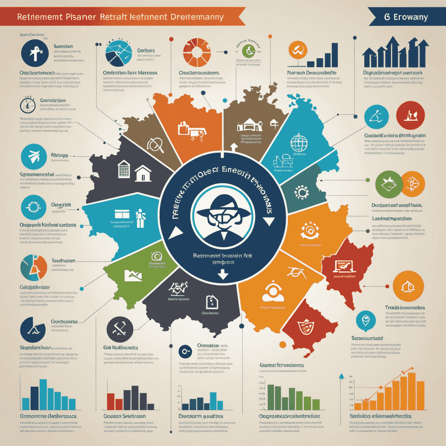 Infografik, die verschiedene Altersvorsorgeoptionen in Deutschland zeigt, mit Icons für gesetzliche Rente, betriebliche Altersvorsorge und private Vorsorge, sowie Pfeilen, die deren Zusammenspiel verdeutlichen.