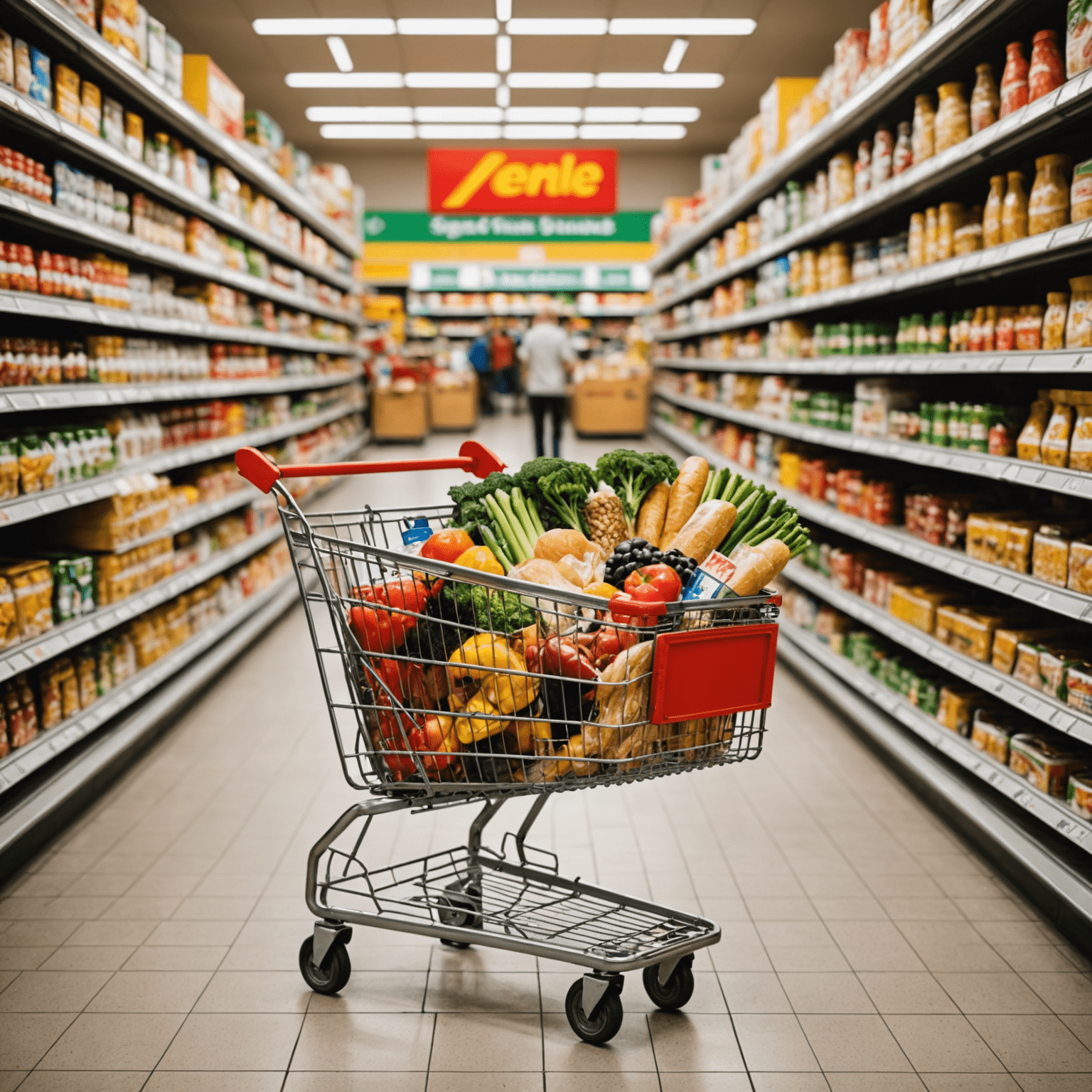Ein Einkaufswagen gefüllt mit typischen deutschen Lebensmitteln vor dem Hintergrund eines Discounter-Supermarkts, der die Möglichkeit zum Geldsparen beim Einkaufen symbolisiert.