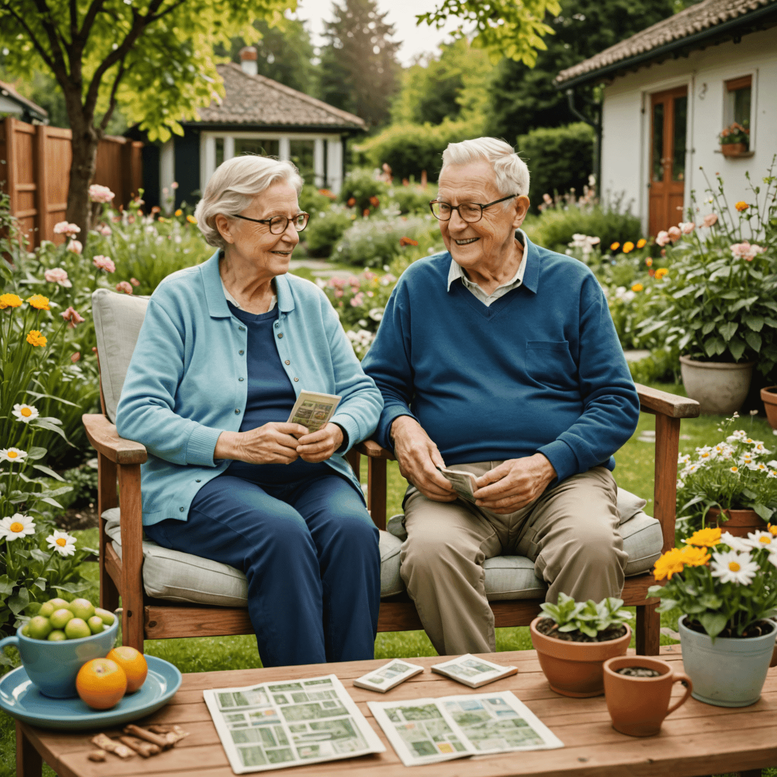Älteres Paar, das entspannt im Garten sitzt, umgeben von Symbolen für Rente und Finanzplanung