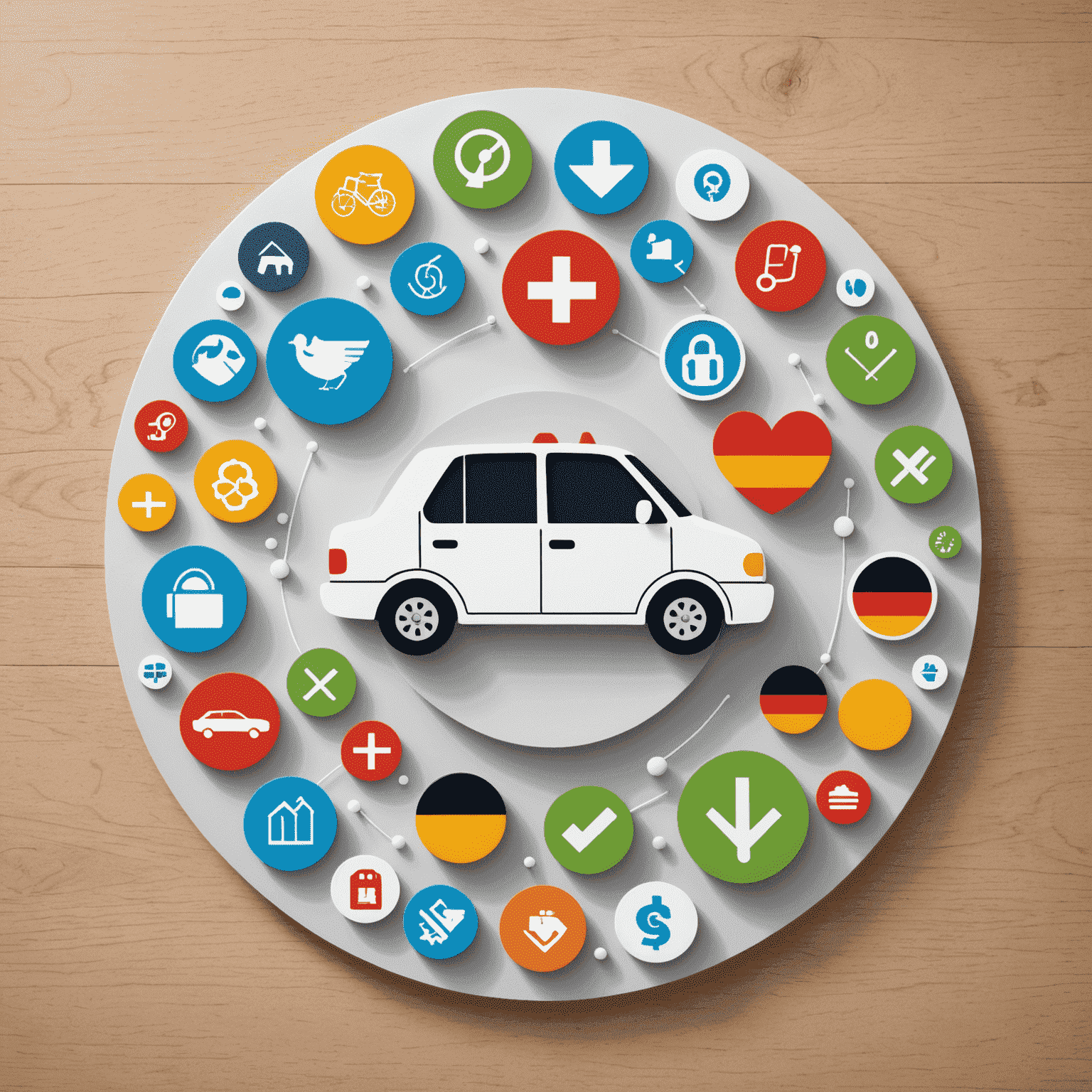 Eine Grafik, die verschiedene Versicherungstypen in Deutschland zeigt, mit Icons für Kranken-, Haftpflicht- und andere wichtige Versicherungen, um die Notwendigkeit der Budgetplanung für Versicherungen zu verdeutlichen.