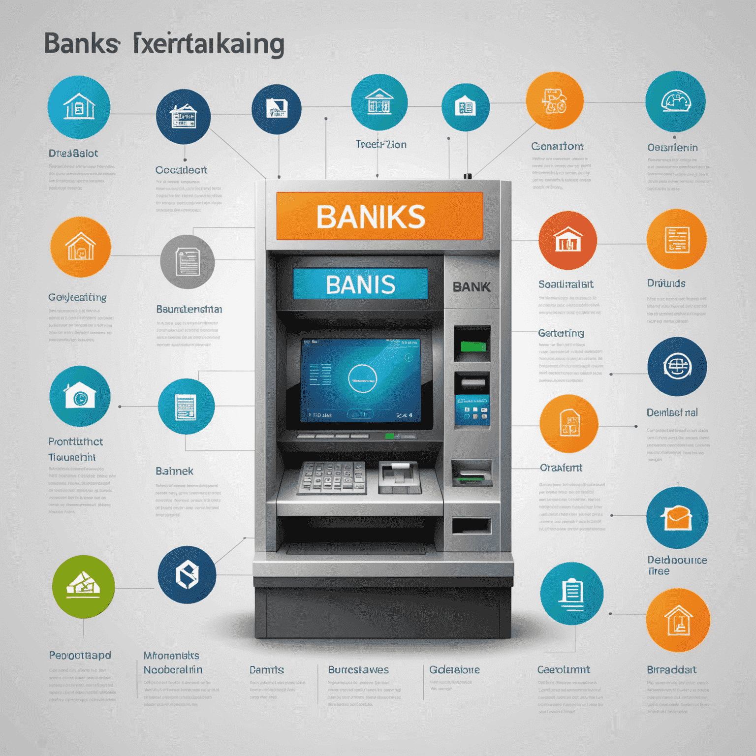 Infografik mit verschiedenen Banktypen, Online-Banking-Interfaces und Geldautomaten